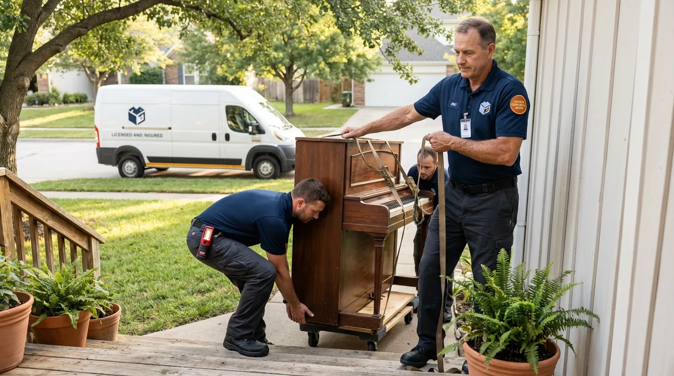Licensed piano movers securing grand piano in Saint Gabriel, LA