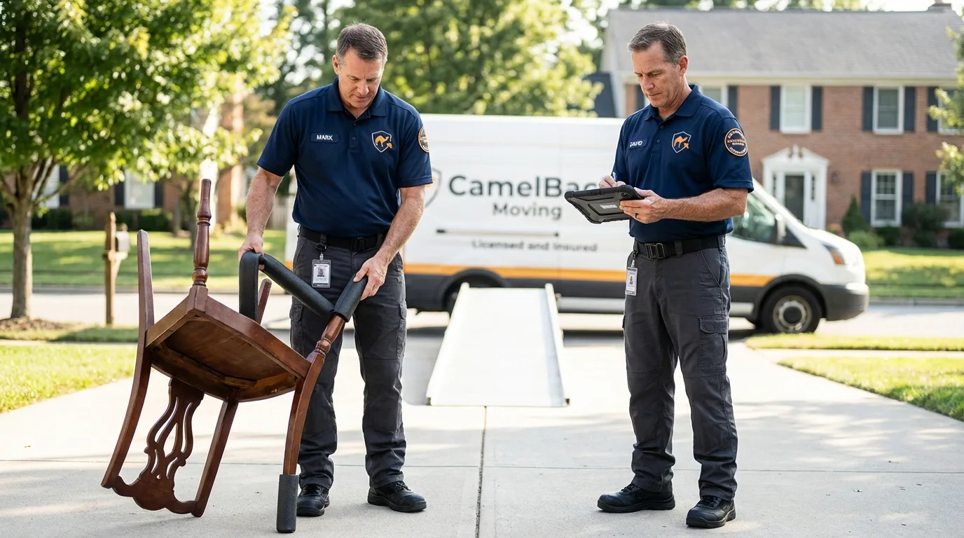 Movers inspecting furniture for damage prevention before loading in Saint Gabriel, LA