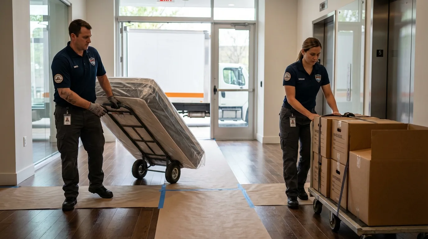 Professional apartment movers loading elevator in Saint Gabriel, LA